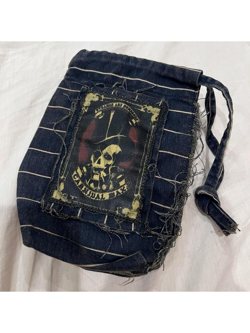 Vintage Distressed Denim Drawstring Pouch Bag Skull Carnival Macabre Pinstripe